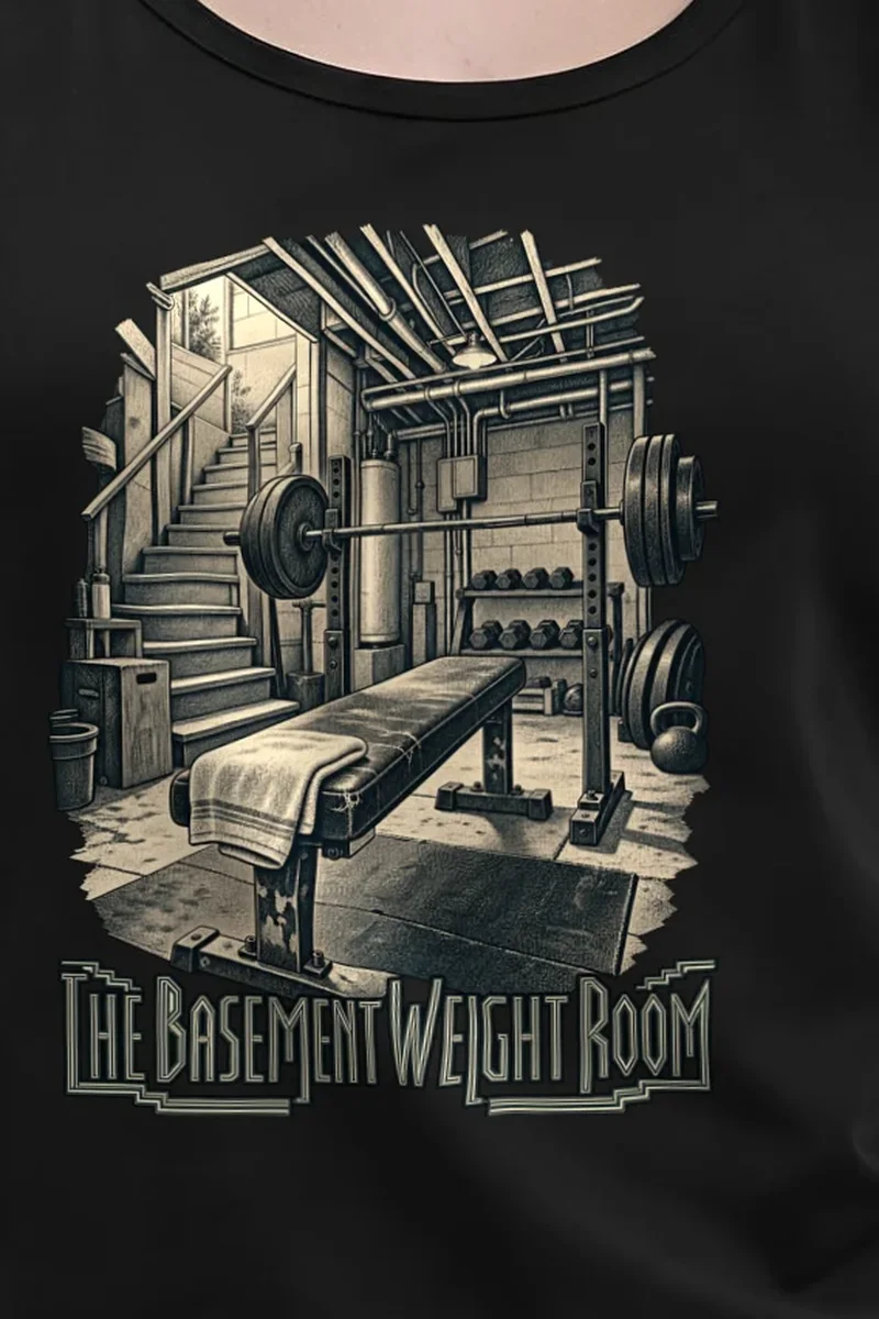 "The Basement Weight Room" Unisex Jersey Tank - the graphic up close