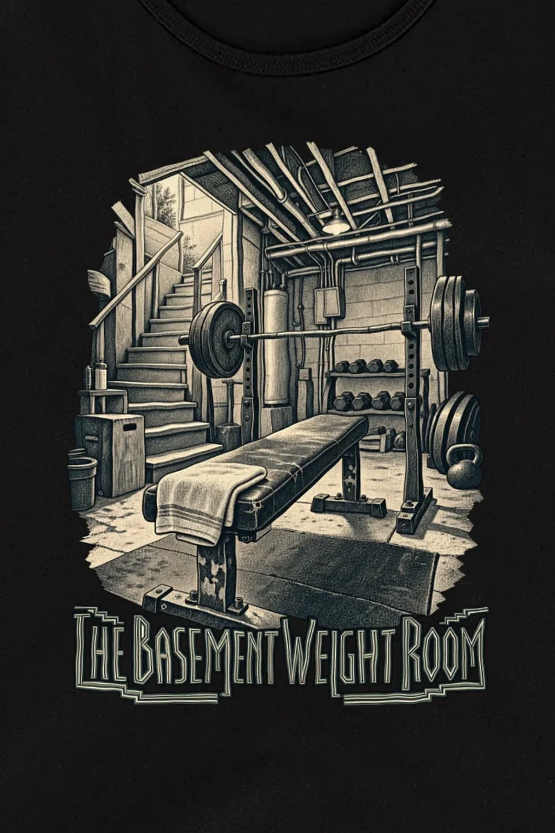 "The Basement Weight Room" Unisex Jersey Tank - the graphic up close