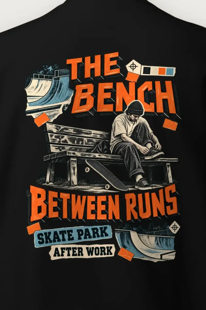 "The Bench Between Runs" Heavy Blend Unisex Crewneck Sweatshirt - the graphic up close