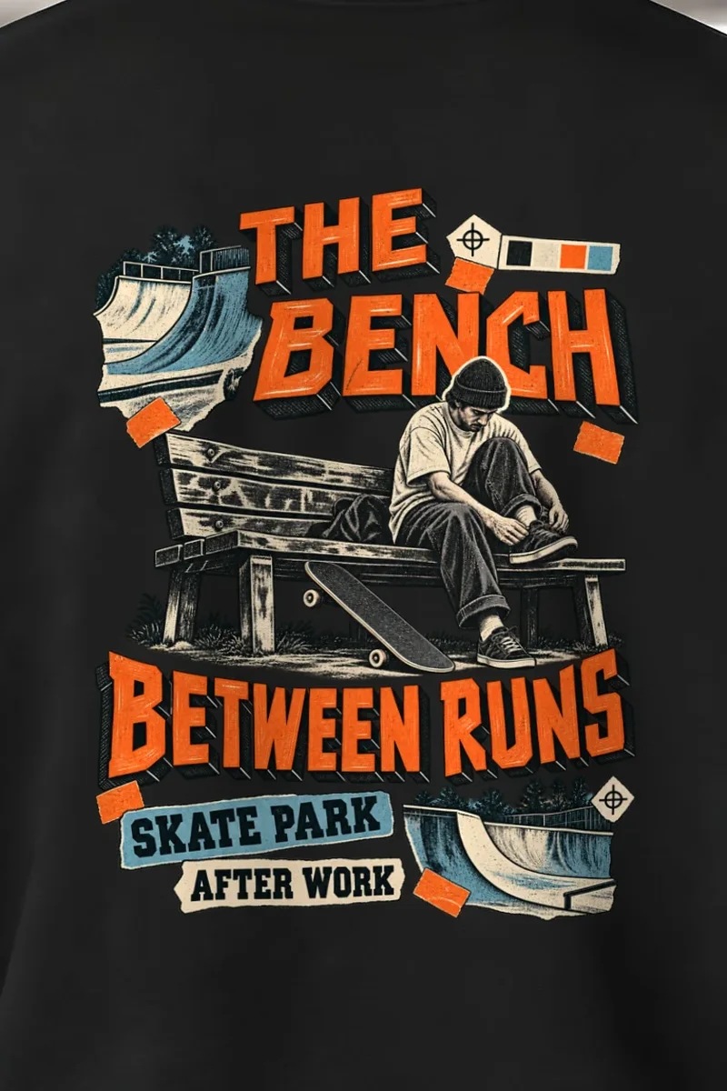 "The Bench Between Runs" Heavy Blend Unisex Crewneck Sweatshirt - the graphic up close