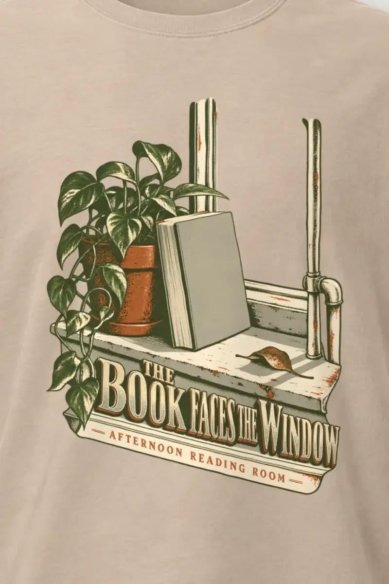 "The Book Faces the Window" Heavyweight Unisex Crewneck T-shirt - the graphic up close