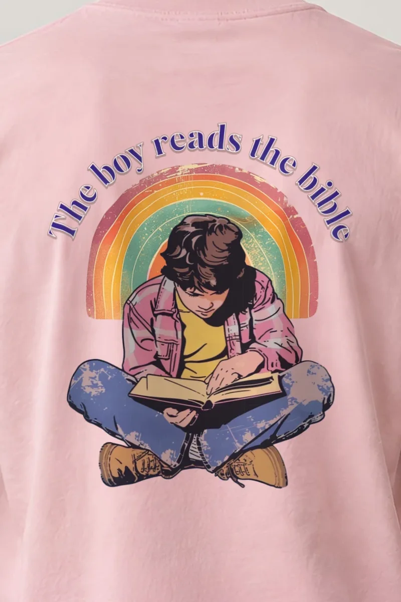 "The Boy Reads The Bible" Heavyweight Unisex Crewneck T-shirt - the graphic up close