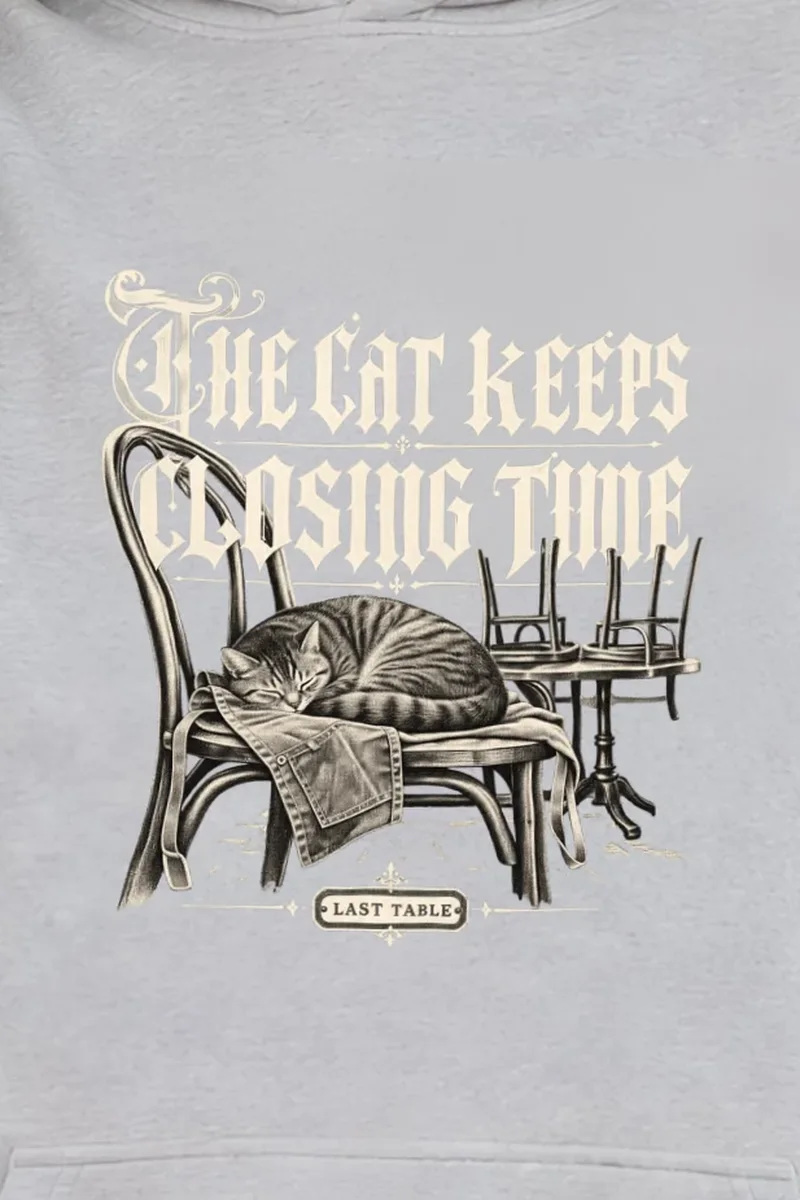 "The Cat Keeps Closing Time" Heavy Blend Unisex Pullover Hoodie - the graphic up close