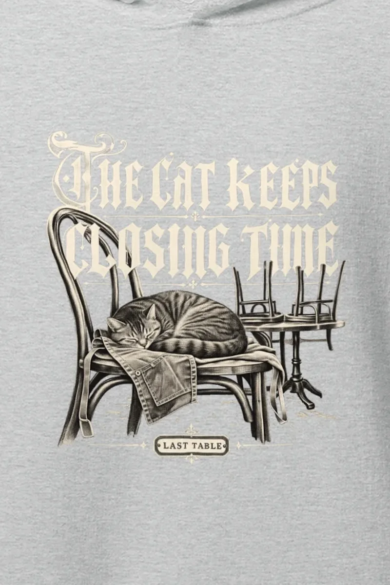"The Cat Keeps Closing Time" Heavy Blend Unisex Pullover Hoodie - the graphic up close