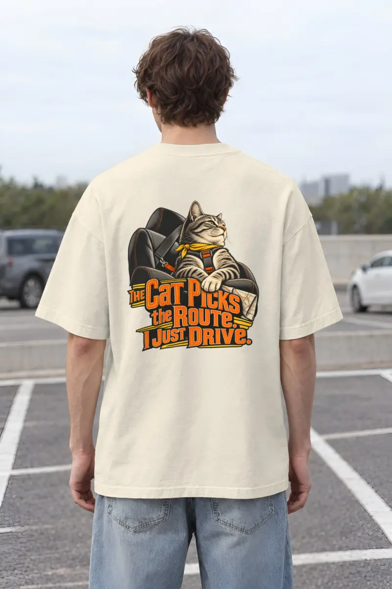 "The Cat Picks the Route" Unisex Oversized Heavyweight Crewneck T-Shirt