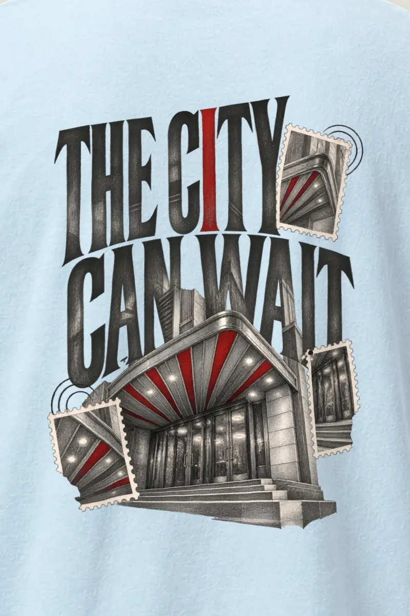 "The City Can Wait" Heavyweight Unisex Crewneck T-shirt - the graphic up close