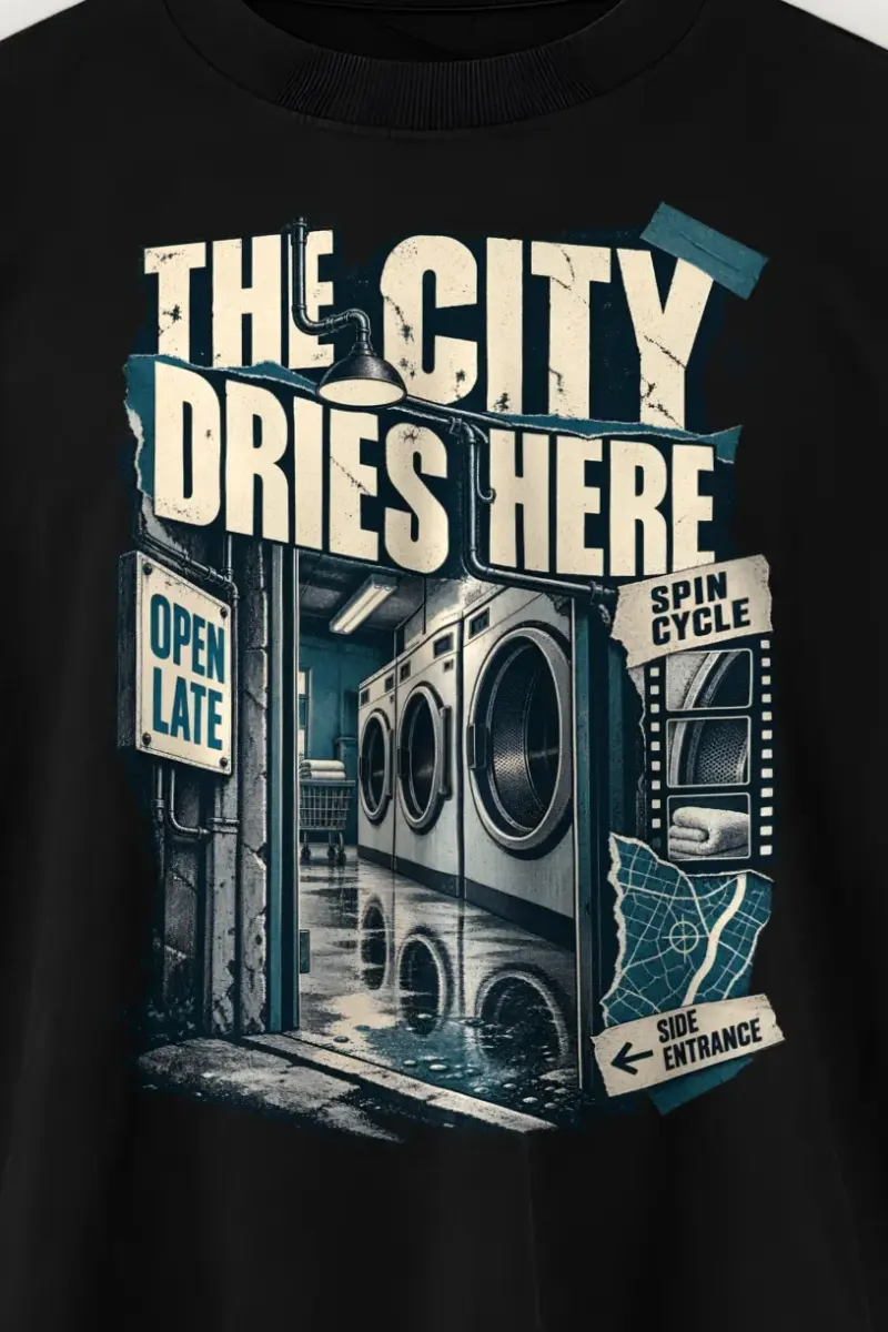 "The City Dries Here" Men’s Oversized Heavyweight Crewneck T-Shirt - the graphic up close