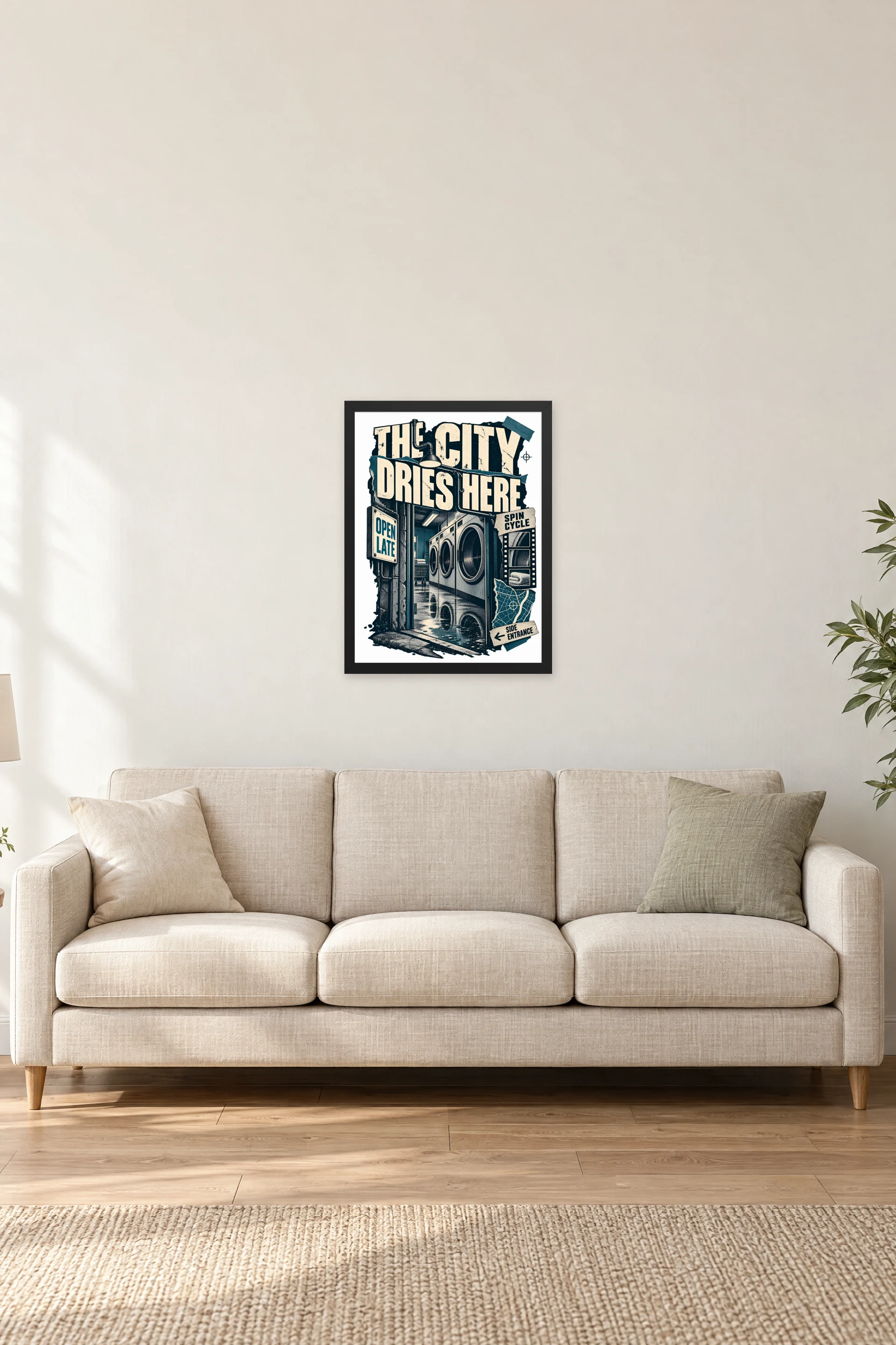 "The City Dries Here" Premium Wooden Framed Poster — Black frame, 18 × 24 in