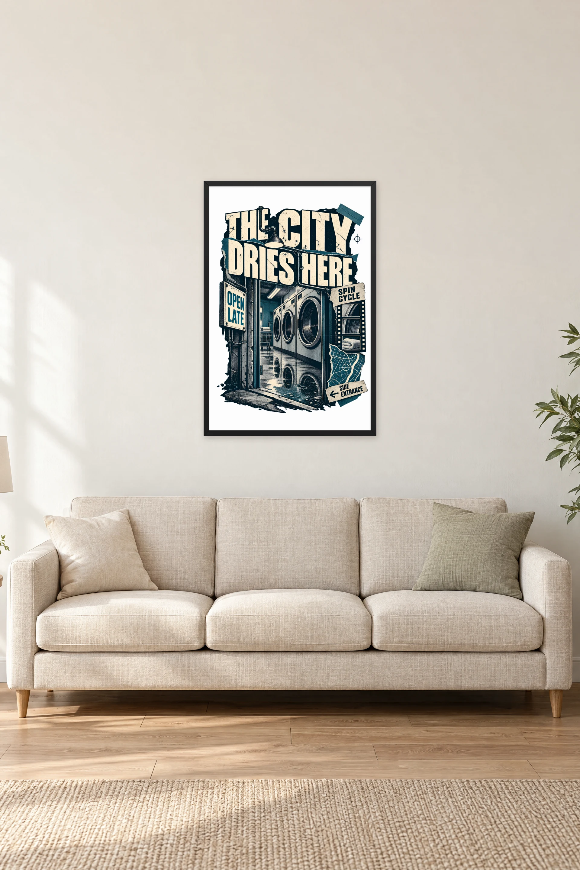 "The City Dries Here" Premium Wooden Framed Poster — Black frame, 24 × 36 in