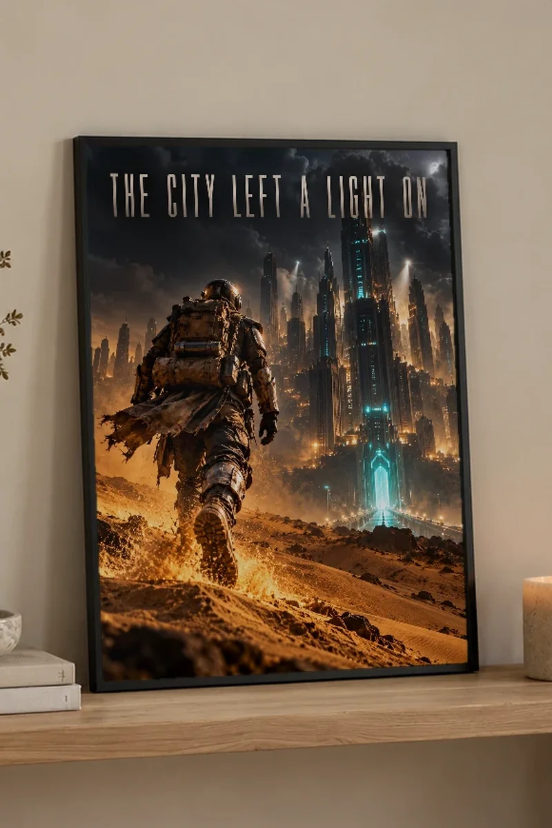 "The City Left a Light On" Premium Wooden Framed Poster - the graphic up close