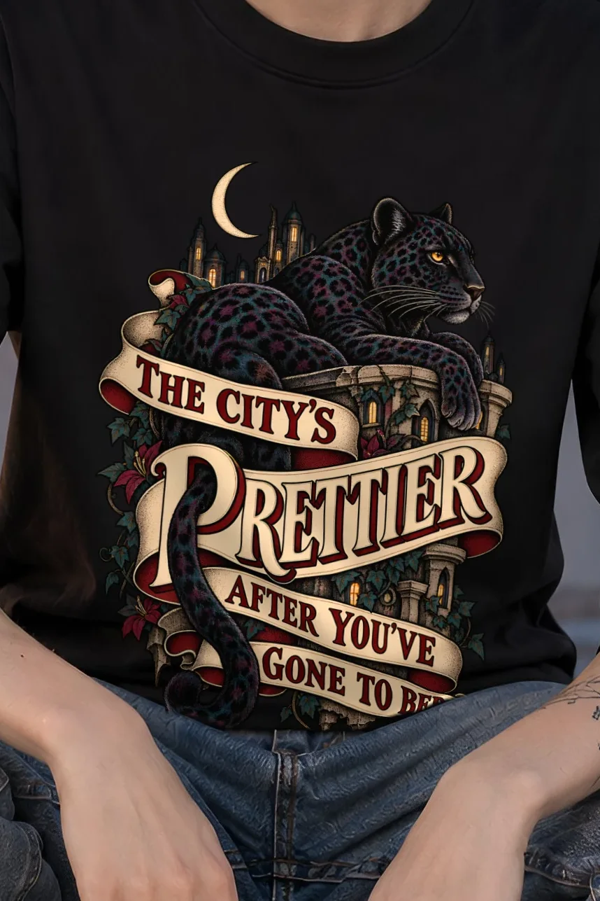 "The City’s Prettier After You’ve Gone to Bed" Unisex Longsleeve T-shirt - the graphic up close