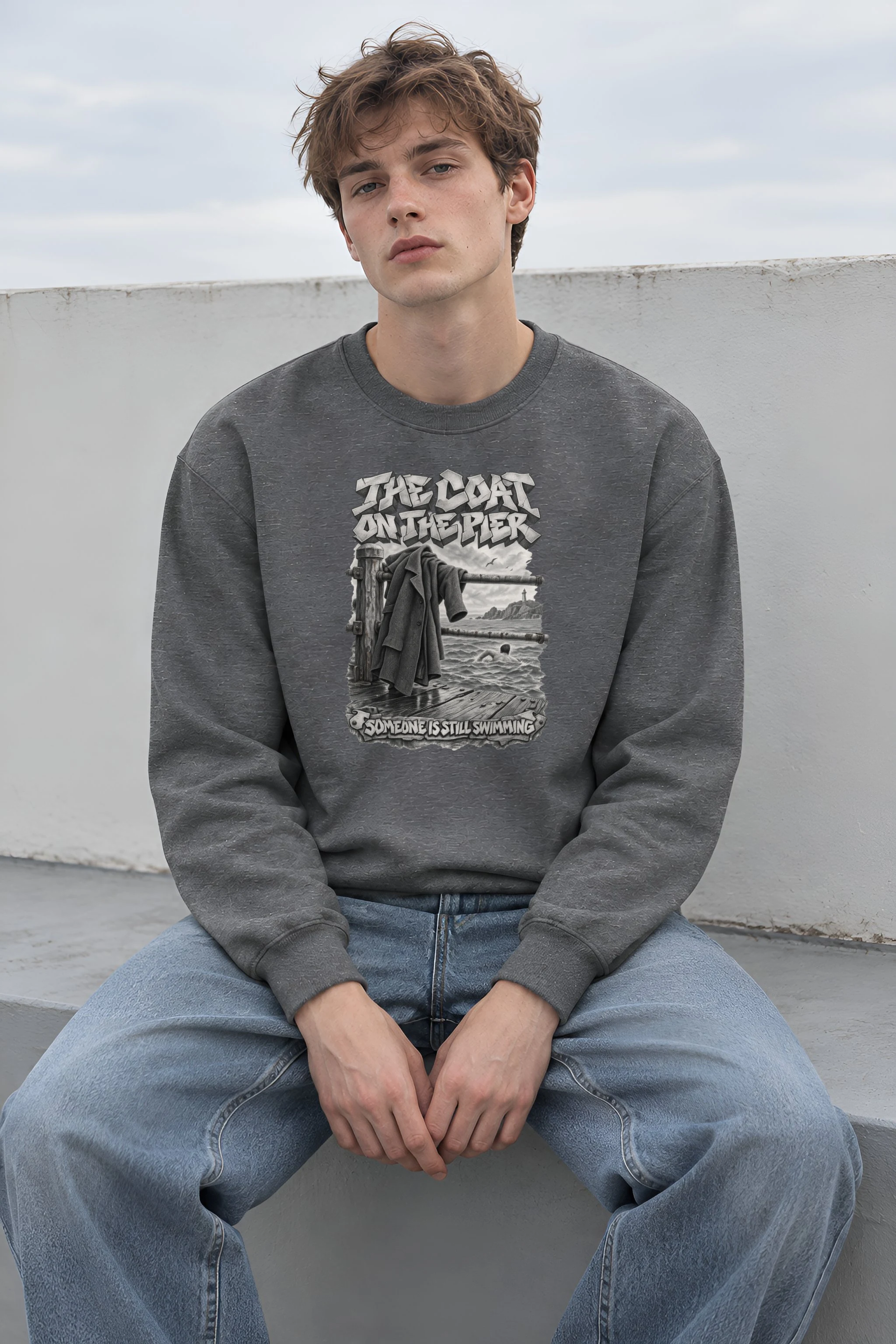 "The Coat on the Pier" Heavy Blend Unisex Crewneck Sweatshirt