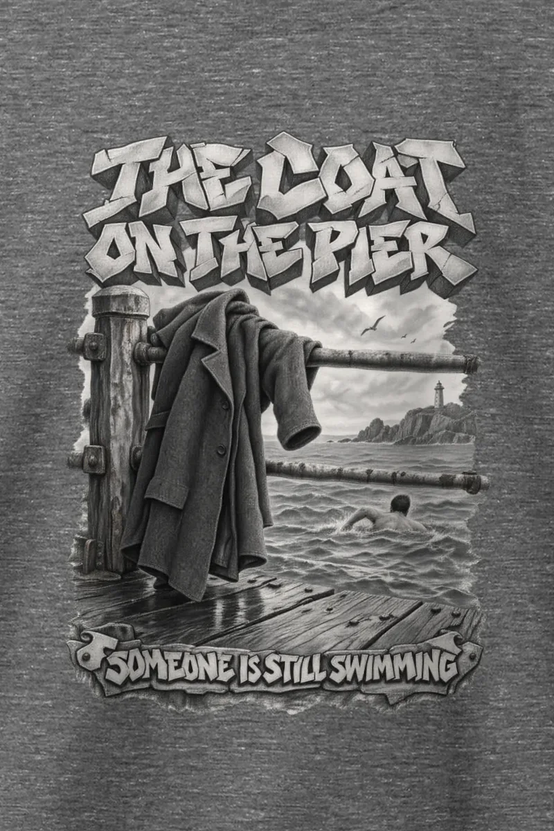 "The Coat on the Pier" Heavy Blend Unisex Crewneck Sweatshirt - the graphic up close
