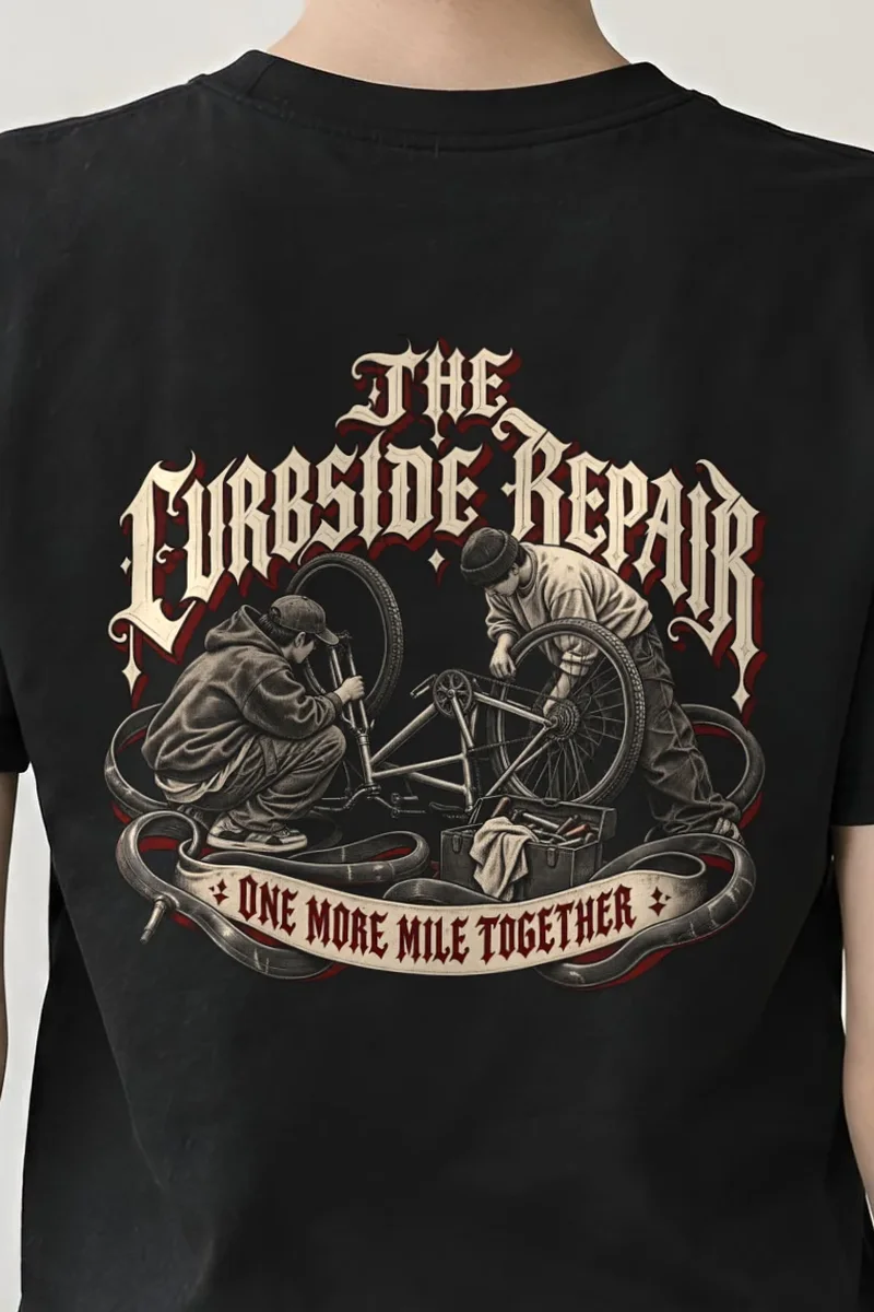 "THE CURBSIDE REPAIR" Heavyweight Unisex Crewneck T-shirt - the graphic up close