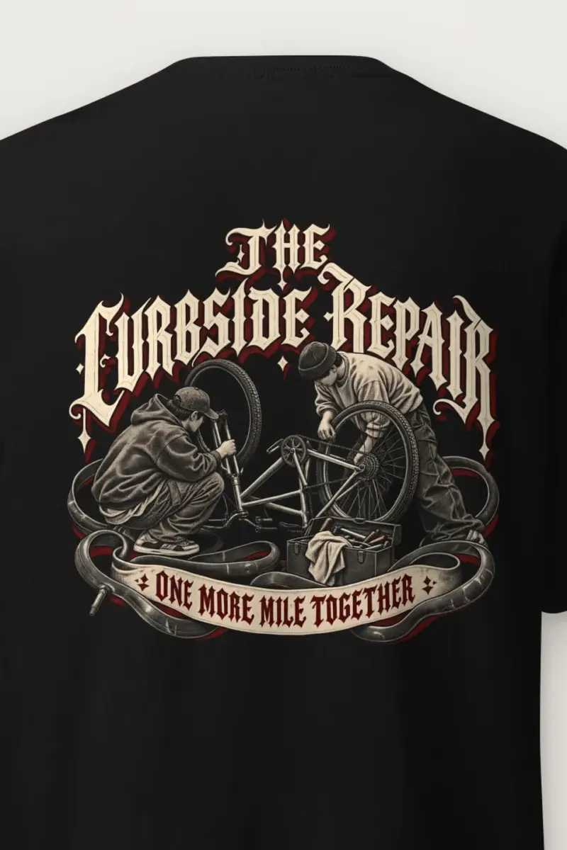 "THE CURBSIDE REPAIR" Heavyweight Unisex Crewneck T-shirt - the graphic up close