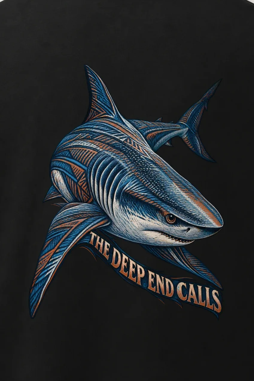 "The Deep End Calls" Men’s Oversized Heavyweight Crewneck T-Shirt - the graphic up close