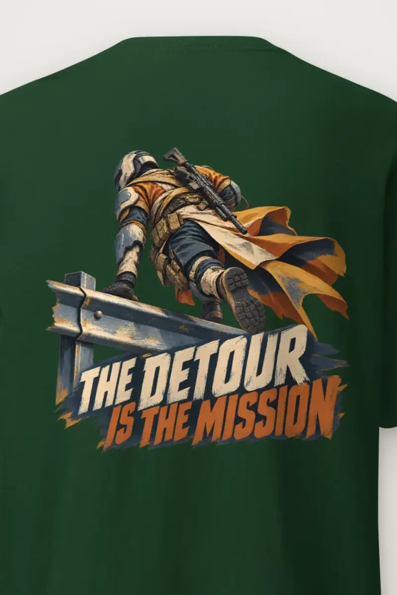 "The Detour Is the Mission" Heavyweight Unisex Crewneck T-shirt - the graphic up close
