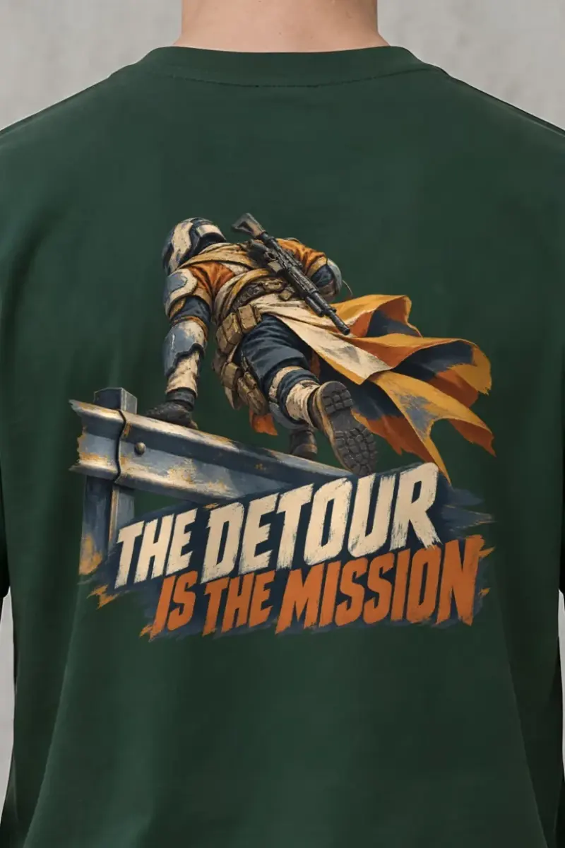 "The Detour Is the Mission" Heavyweight Unisex Crewneck T-shirt - the graphic up close