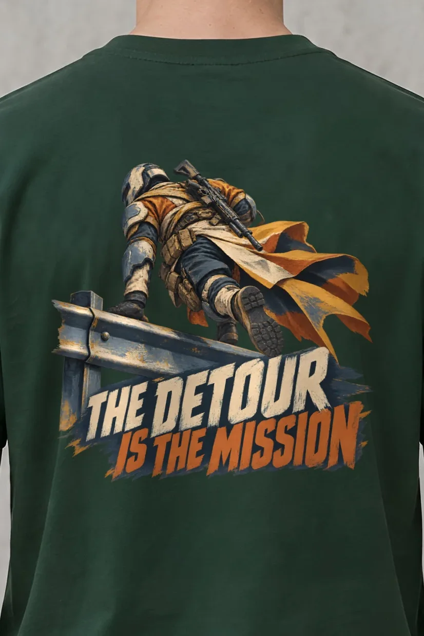 "The Detour Is the Mission" Heavyweight Unisex Crewneck T-shirt - the graphic up close