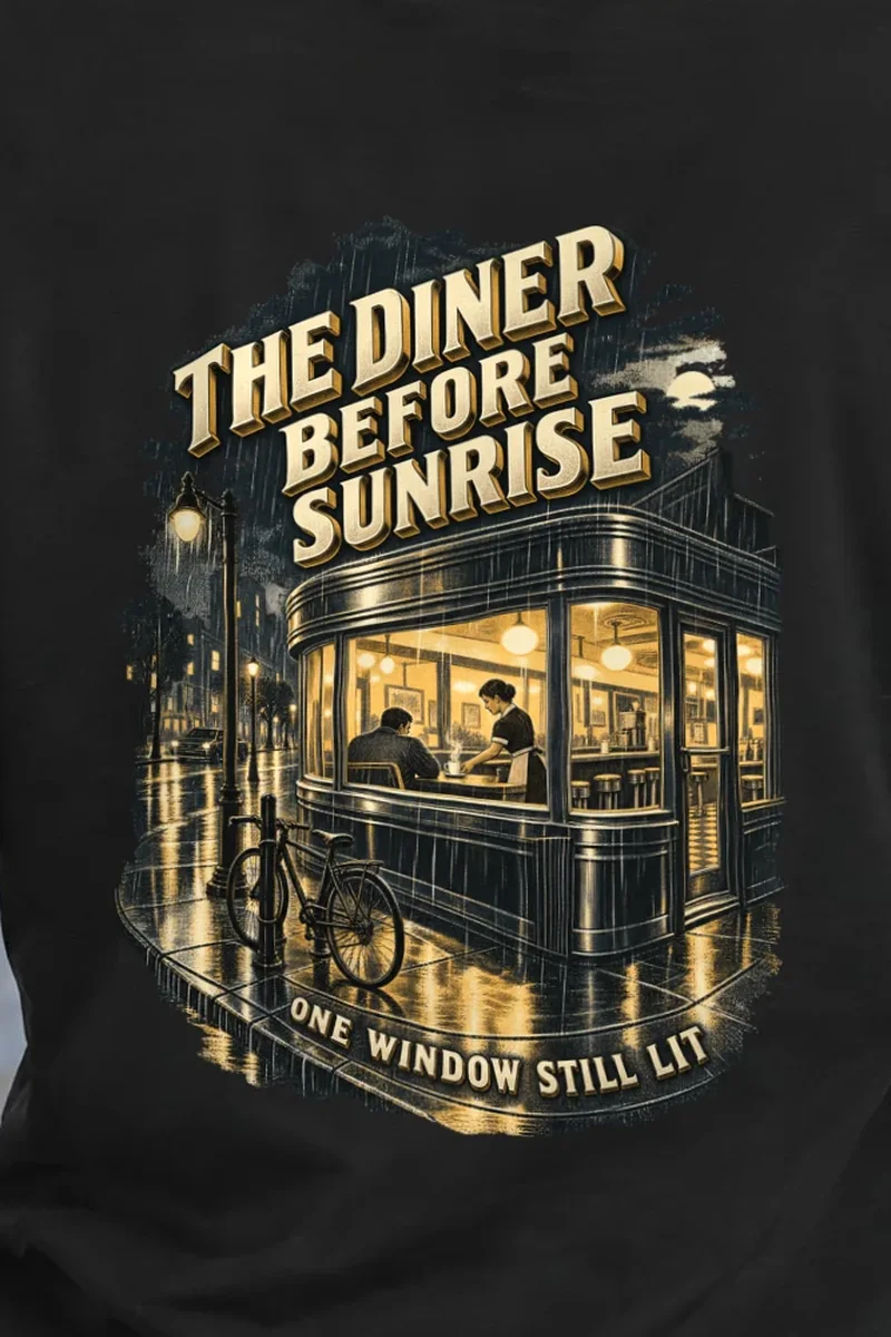 "The Diner Before Sunrise" Heavyweight Unisex Crewneck T-shirt - the graphic up close