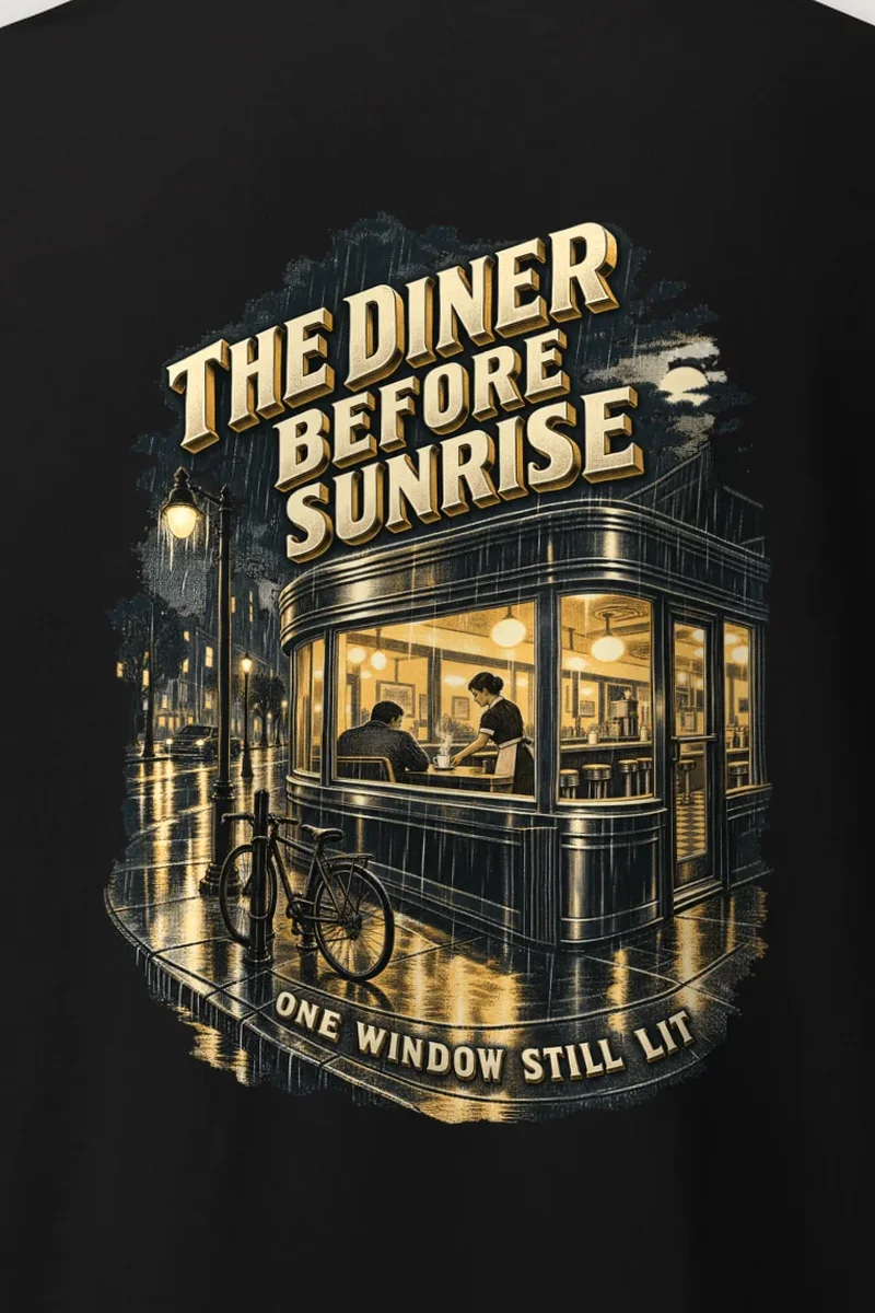 "The Diner Before Sunrise" Heavyweight Unisex Crewneck T-shirt - the graphic up close