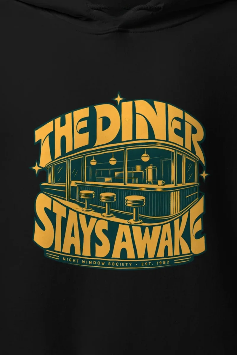"The Diner Stays Awake" Heavy Blend Unisex Pullover Hoodie - the graphic up close