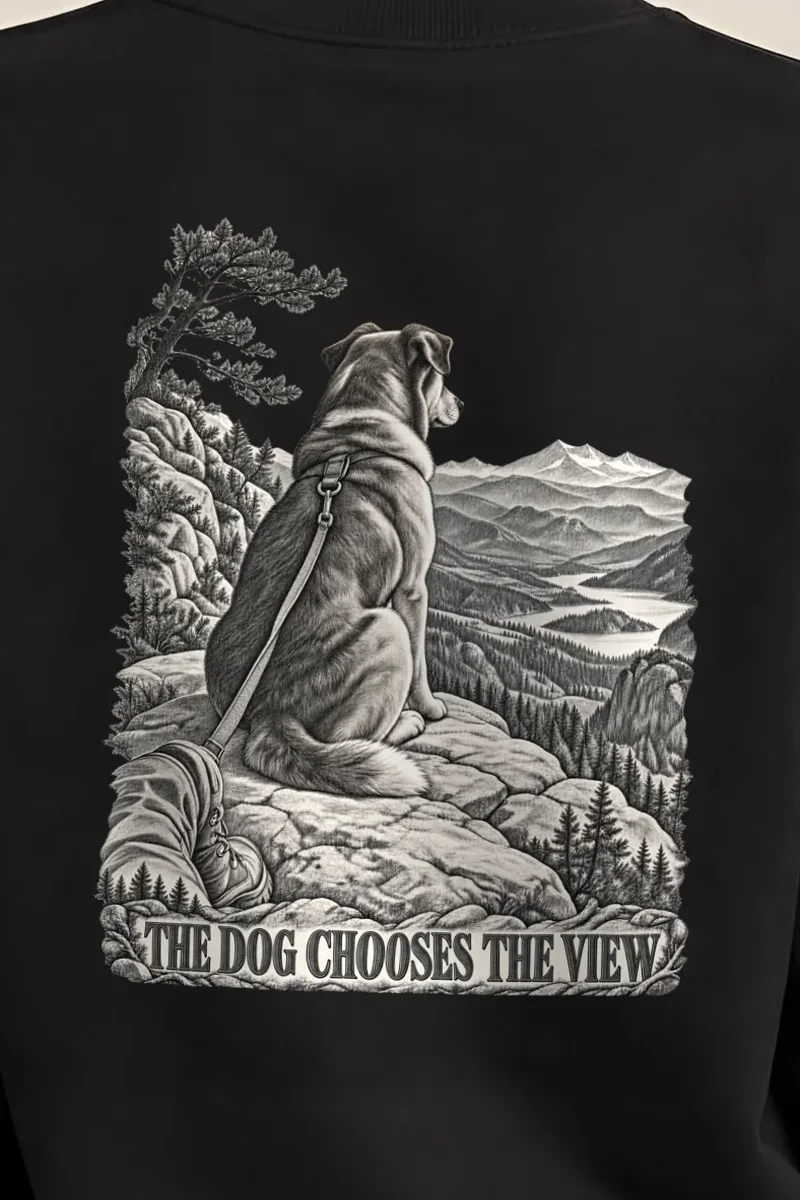 "The Dog Chooses the View" Heavy Blend Unisex Crewneck Sweatshirt - the graphic up close