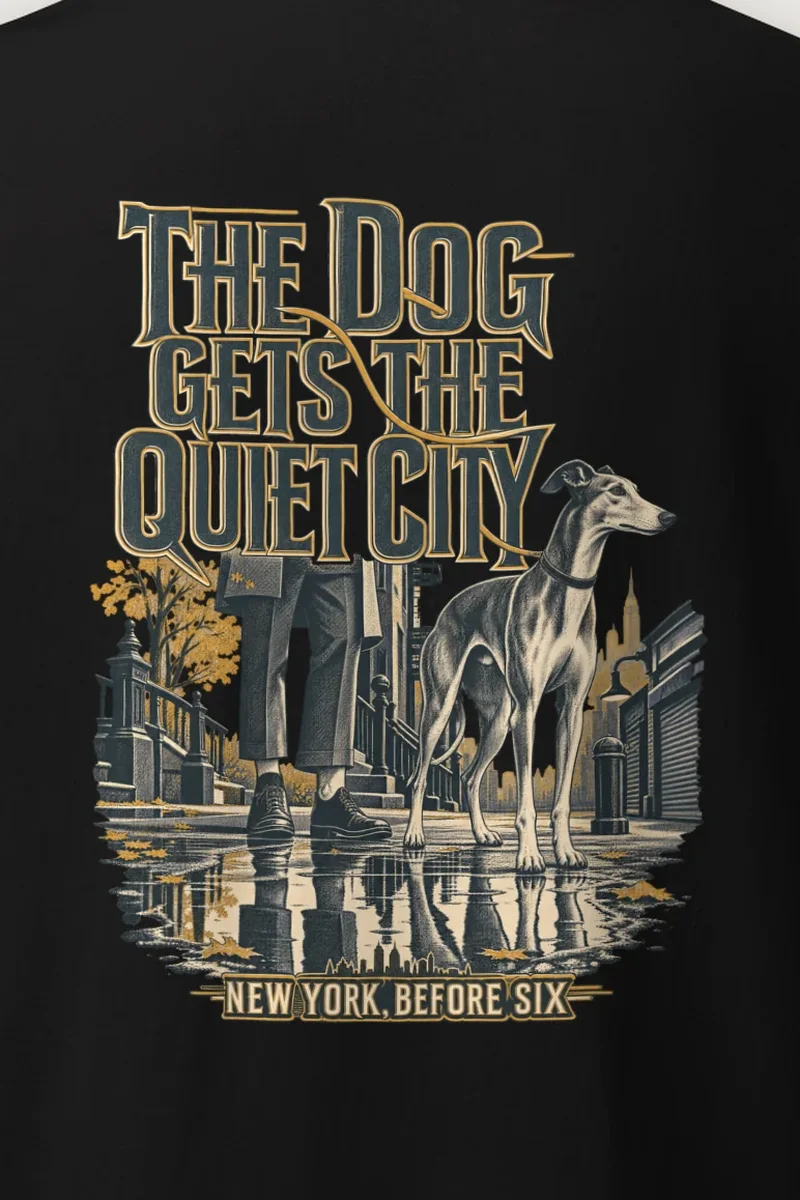 "The Dog Gets the Quiet City" Heavyweight Unisex Crewneck T-shirt - the graphic up close