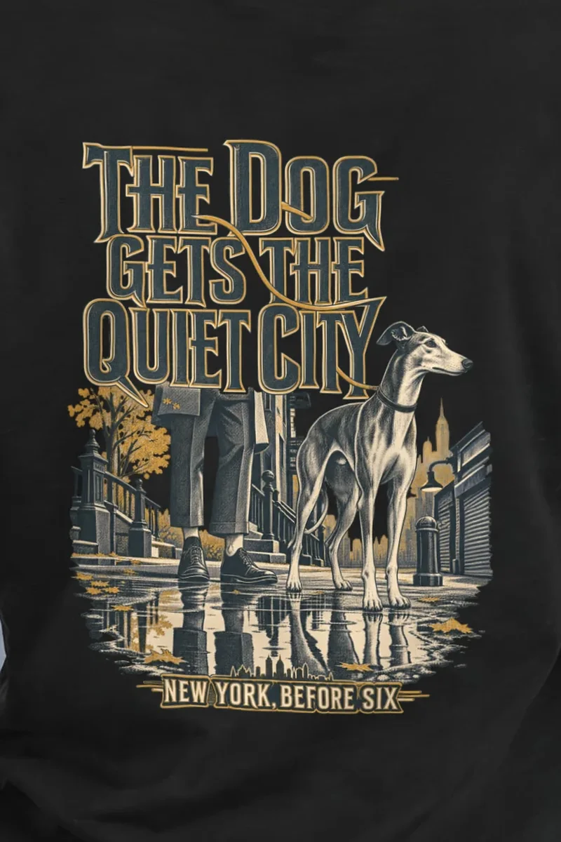 "The Dog Gets the Quiet City" Heavyweight Unisex Crewneck T-shirt - the graphic up close