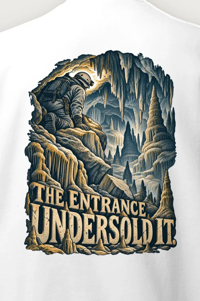 "The Entrance Undersold It" Heavy Blend Unisex Crewneck Sweatshirt - the graphic up close