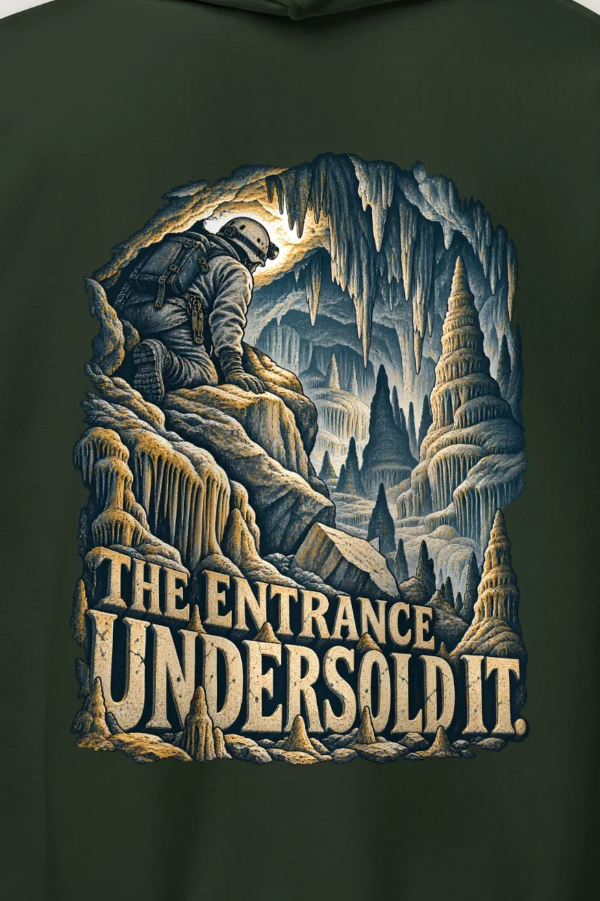 "The Entrance Undersold It" Heavy Blend Unisex Pullover Hoodie - the graphic up close