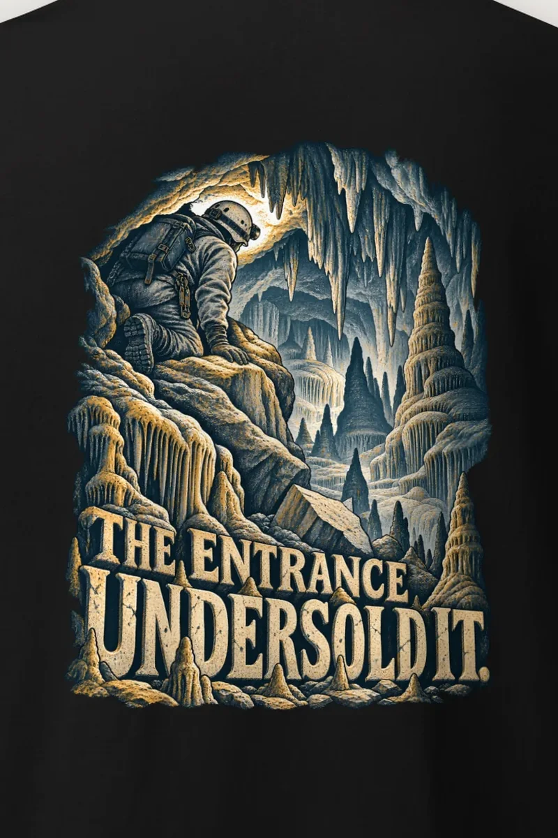 "The Entrance Undersold It" Heavyweight Unisex Crewneck T-shirt - the graphic up close