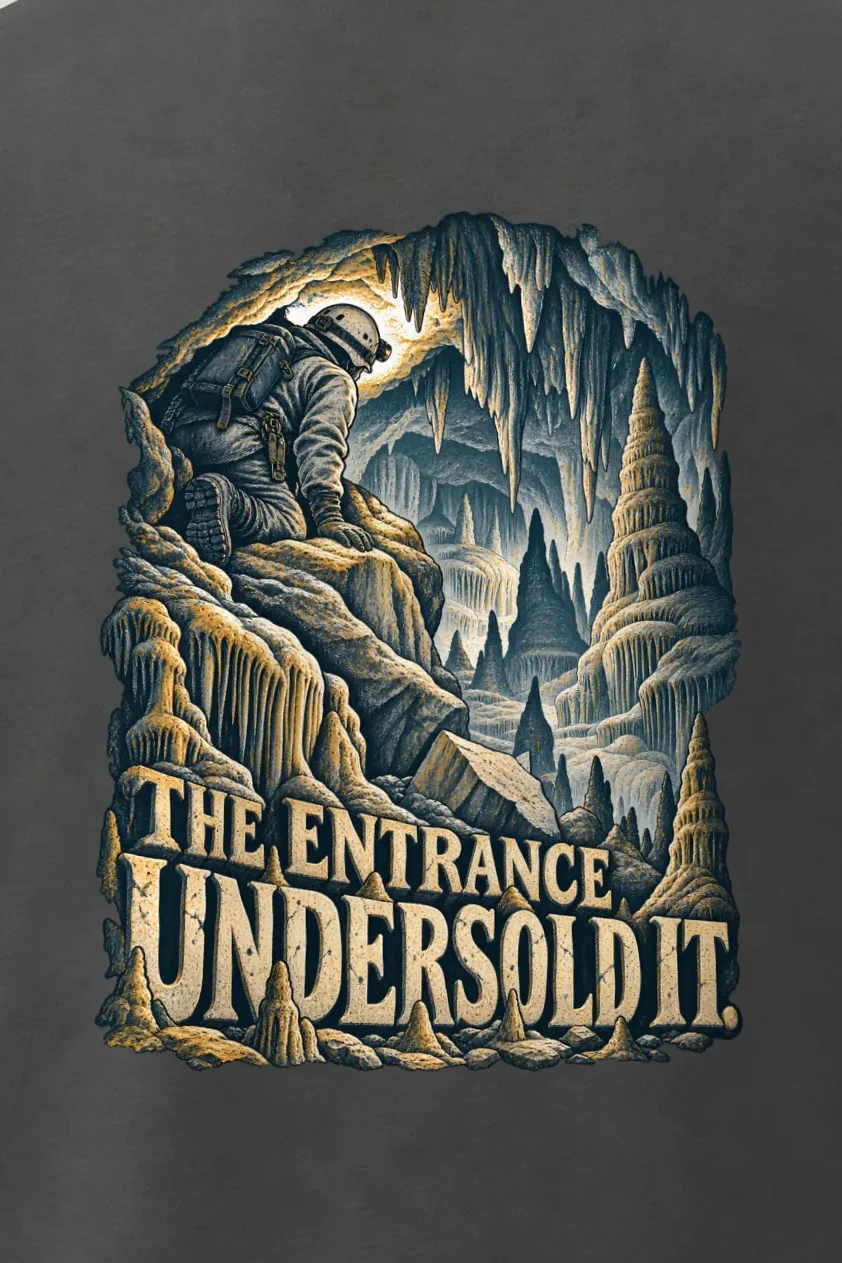 "The Entrance Undersold It" Men’s Oversized Heavyweight Crewneck T-Shirt - the graphic up close