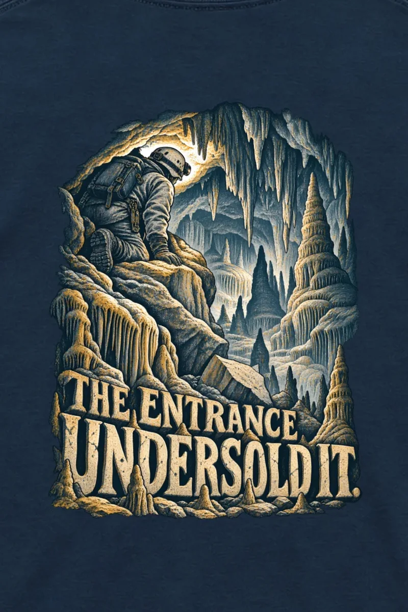 "The Entrance Undersold It" Unisex Longsleeve T-shirt - the graphic up close