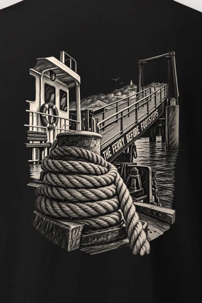 "The Ferry Before Footsteps" Heavyweight Unisex Crewneck T-shirt - the graphic up close