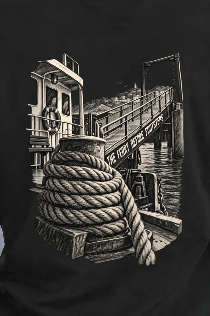 "The Ferry Before Footsteps" Heavyweight Unisex Crewneck T-shirt - the graphic up close