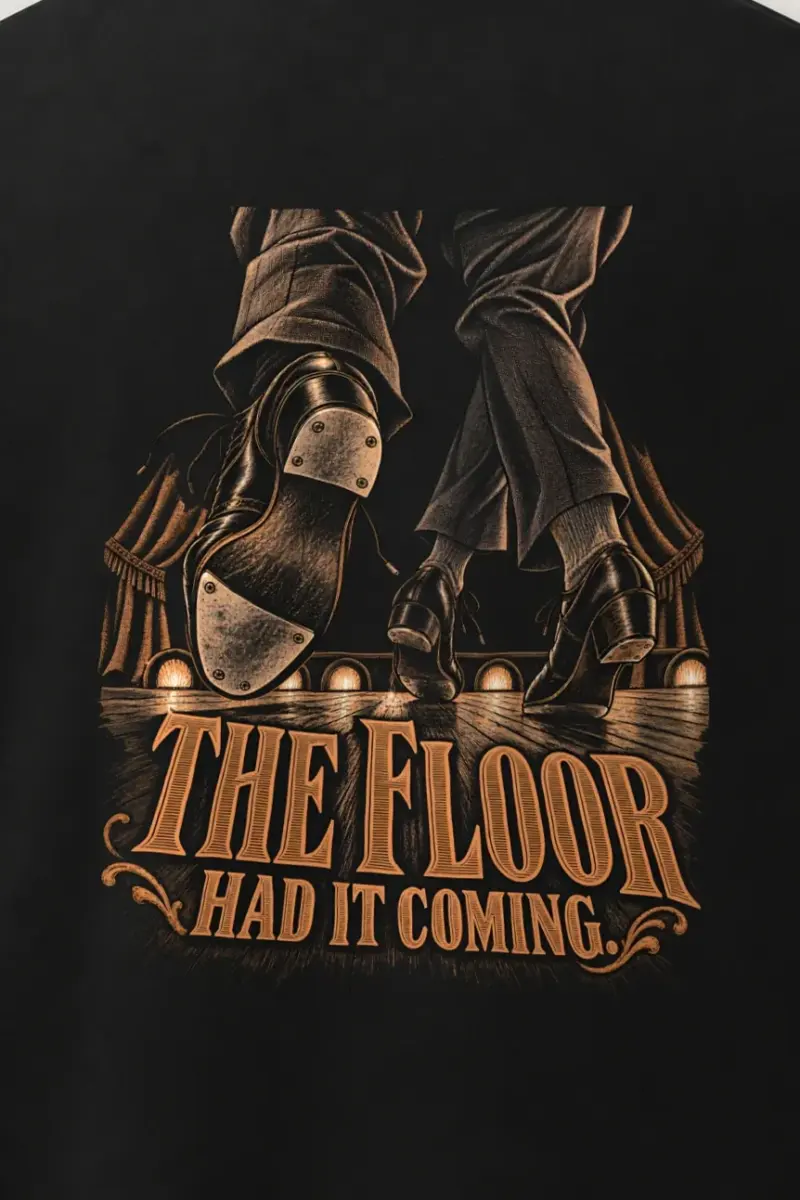 "The Floor Had It Coming" Men’s Oversized Heavyweight Crewneck T-Shirt - the graphic up close