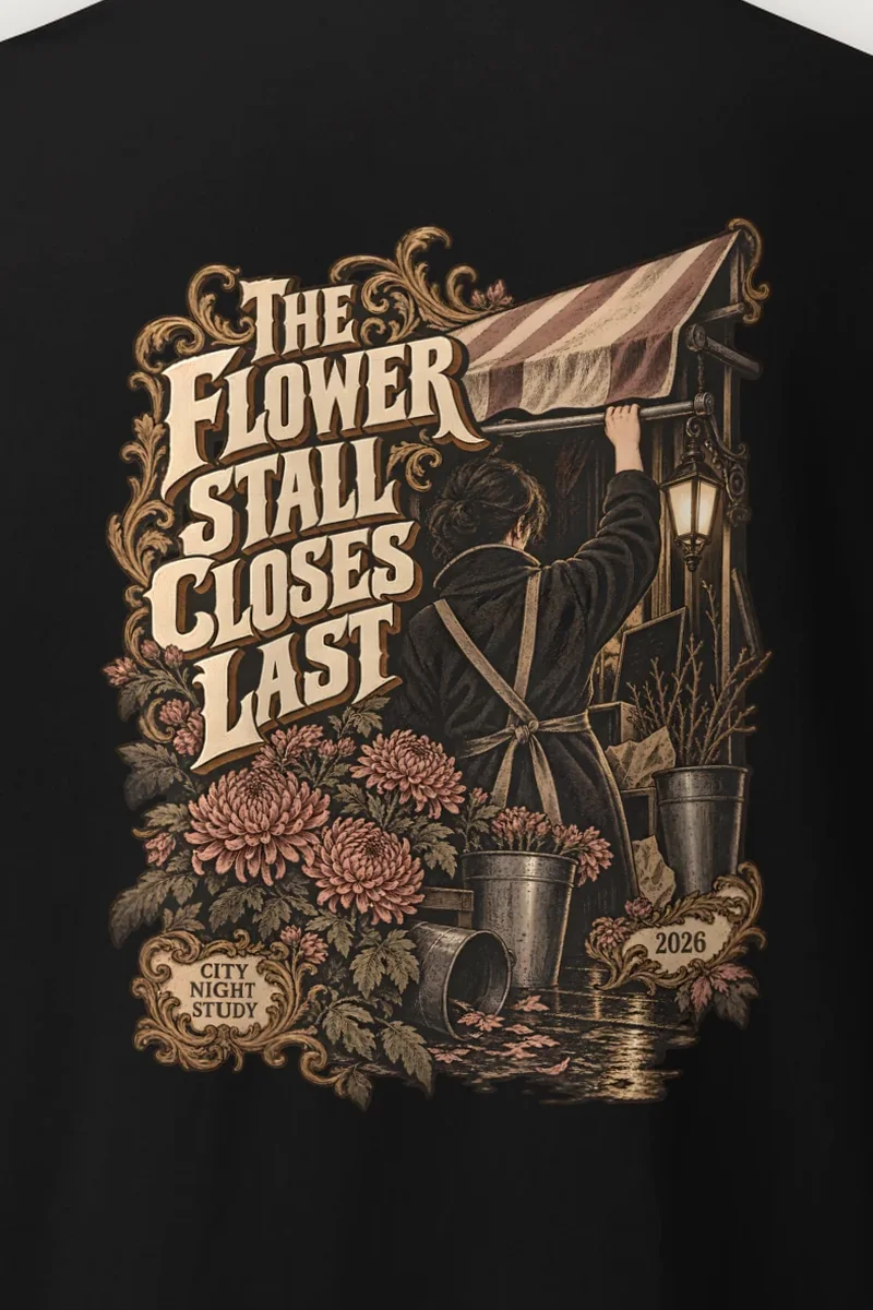 "THE FLOWER STALL CLOSES LAST" Heavyweight Unisex Crewneck T-shirt - the graphic up close