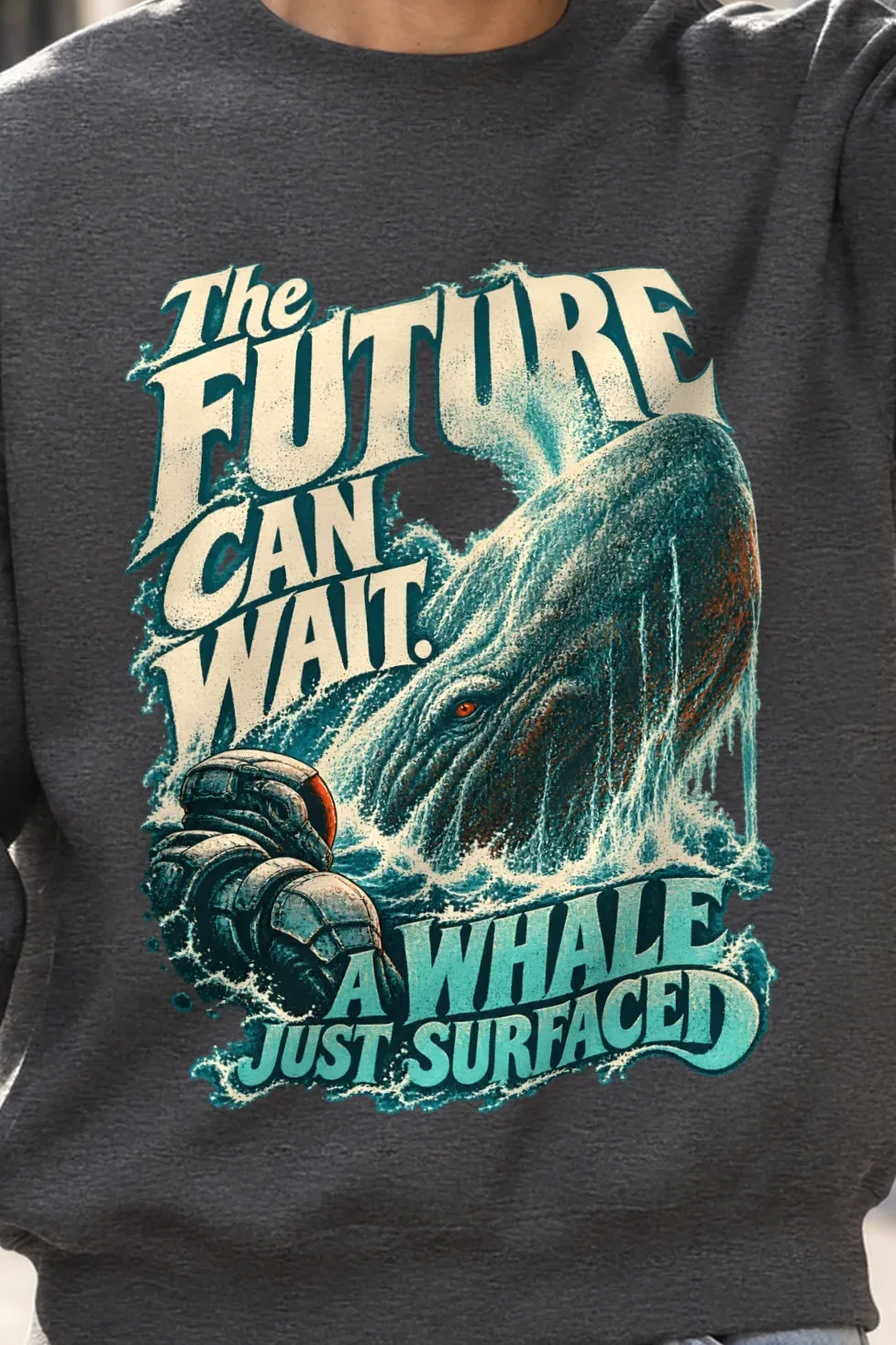 "The Future Can Wait" Heavy Blend Unisex Crewneck Sweatshirt - the graphic up close