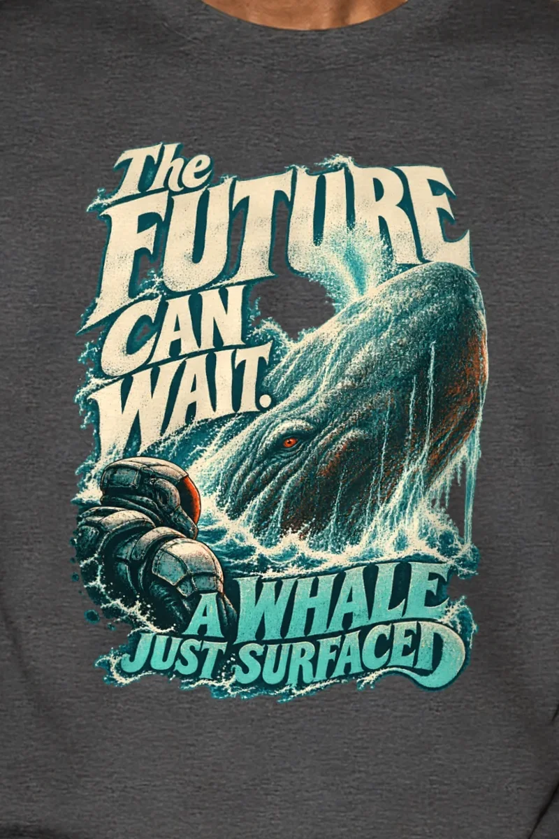 "The Future Can Wait" Heavyweight Unisex Crewneck T-shirt - the graphic up close