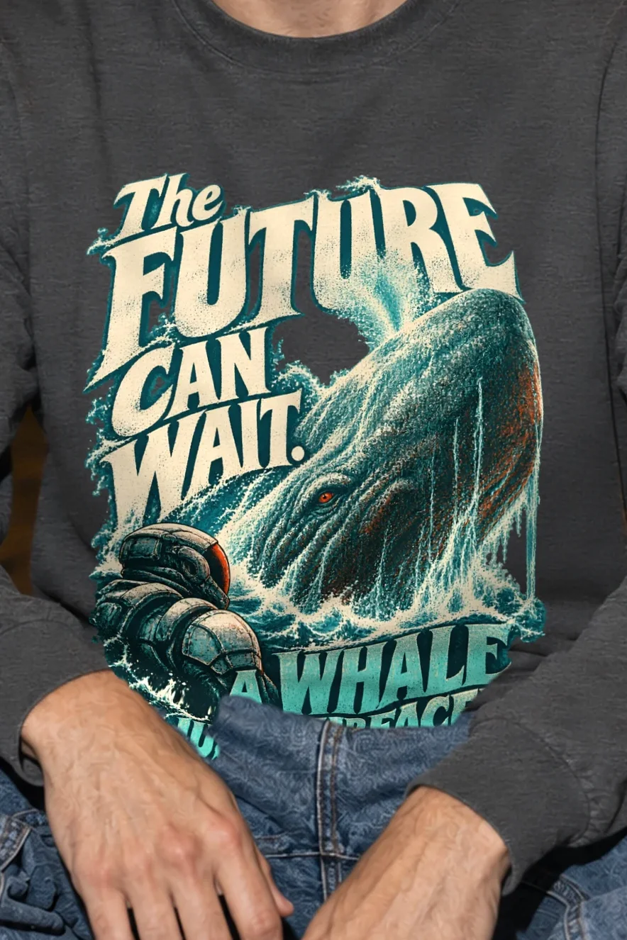 "The Future Can Wait" Unisex Longsleeve T-shirt - the graphic up close