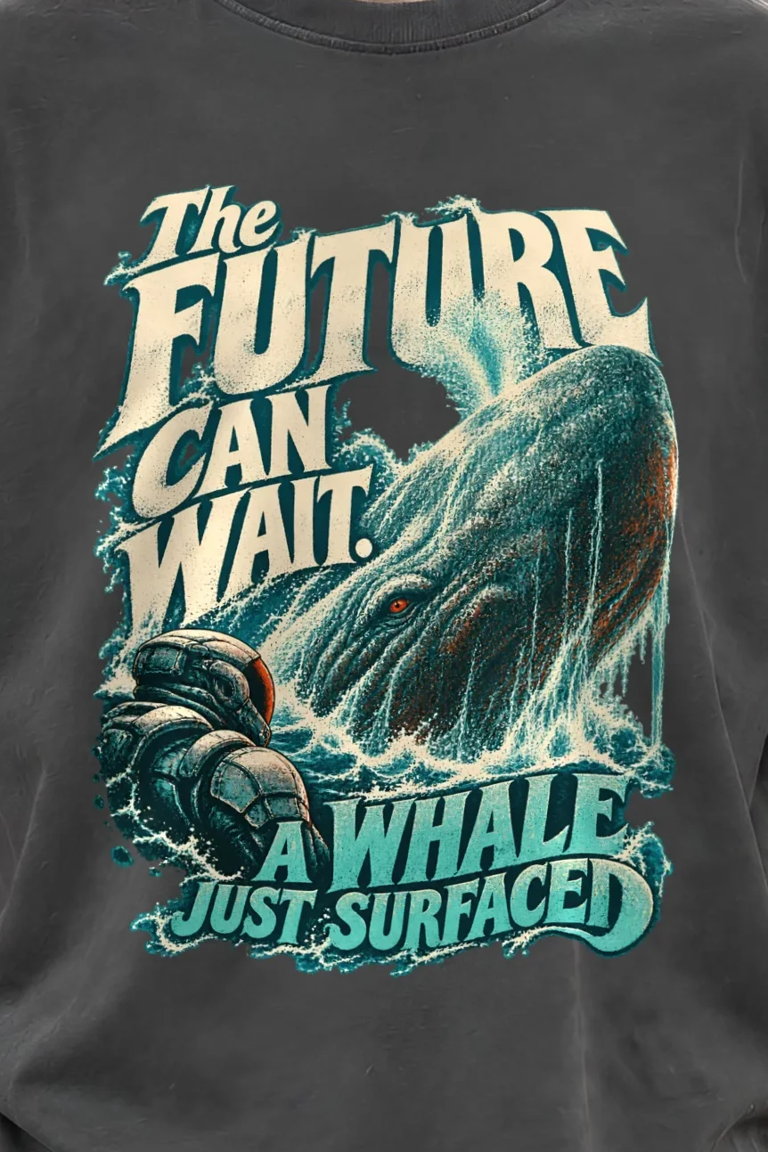 "The Future Can Wait" Unisex Oversized Heavyweight Crewneck T-Shirt - the graphic up close