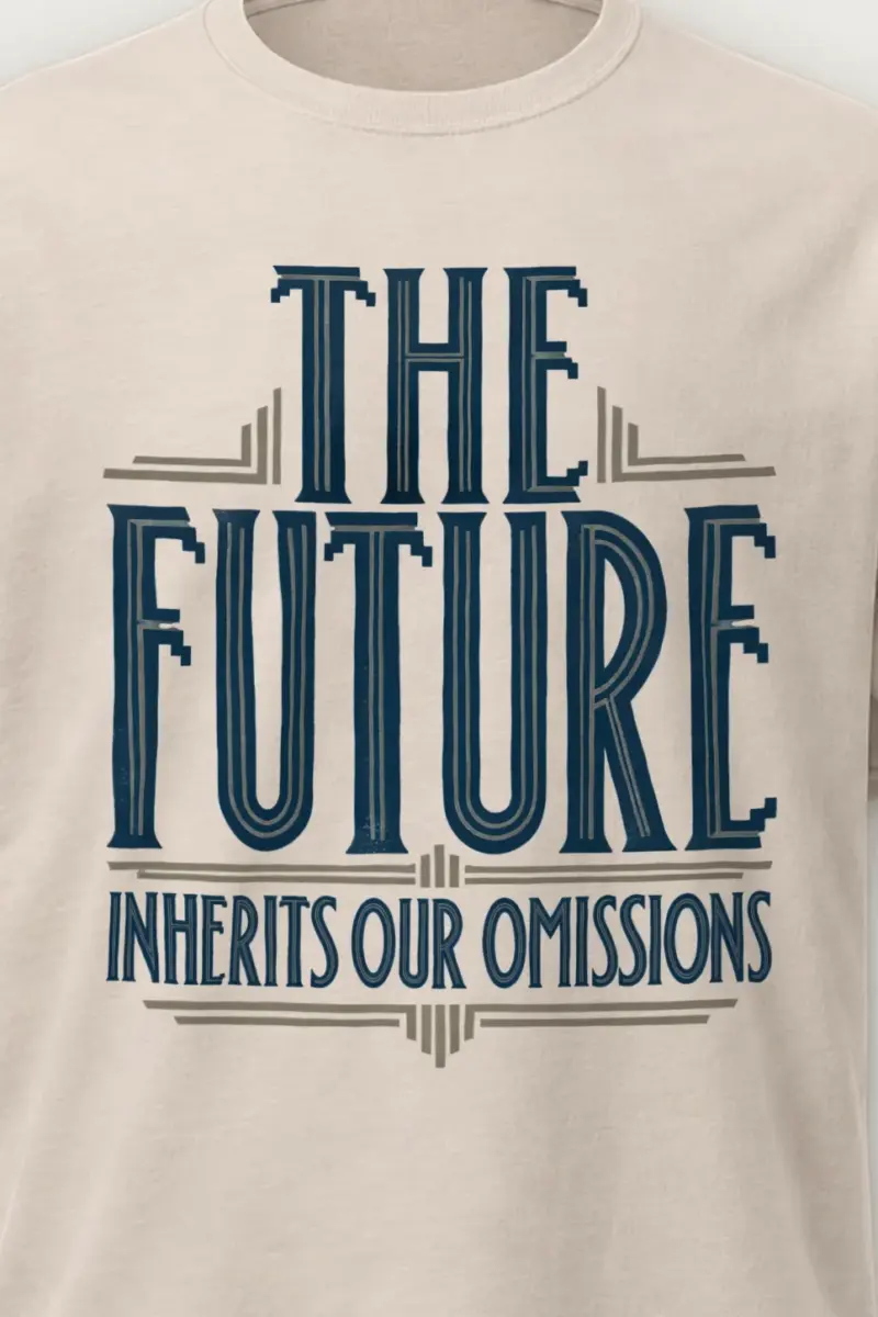 "The Future Inherits Our Omissions" Heavyweight Unisex Crewneck T-shirt - the graphic up close
