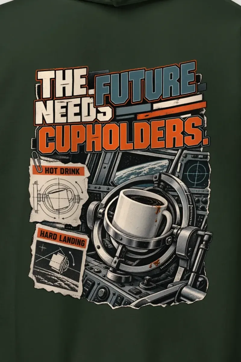 "The Future Needs Cupholders" Heavy Blend Unisex Pullover Hoodie - the graphic up close
