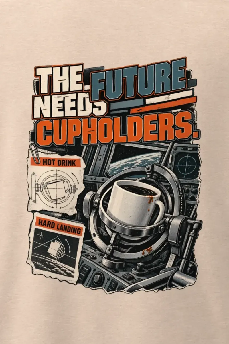 "The Future Needs Cupholders" Men’s Oversized Heavyweight Crewneck T-Shirt - the graphic up close