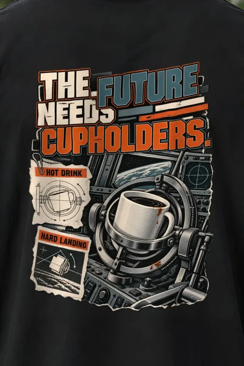 "The Future Needs Cupholders" Men’s Oversized Heavyweight Crewneck T-Shirt - the graphic up close