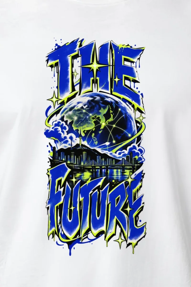 "Neon Globe Network" Heavyweight Unisex Crewneck T-shirt - the graphic up close
