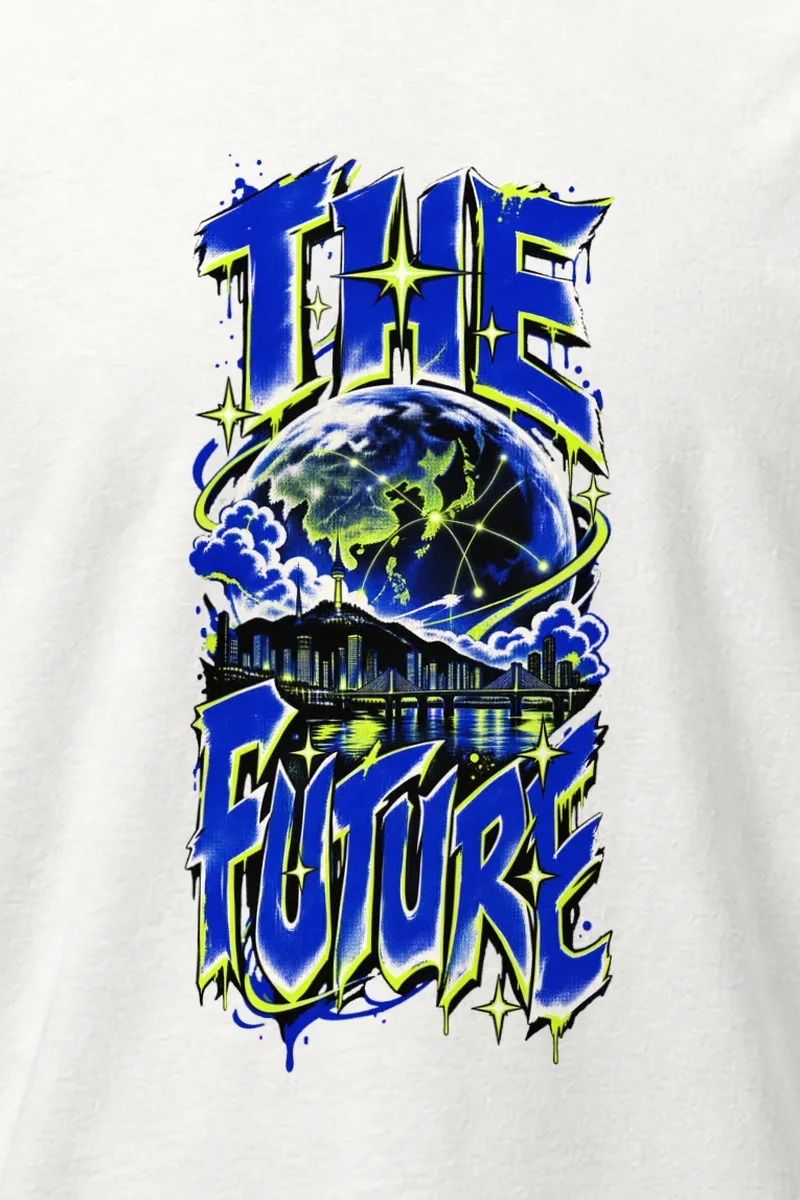 "Neon Globe Network" Heavyweight Unisex Crewneck T-shirt - the graphic up close