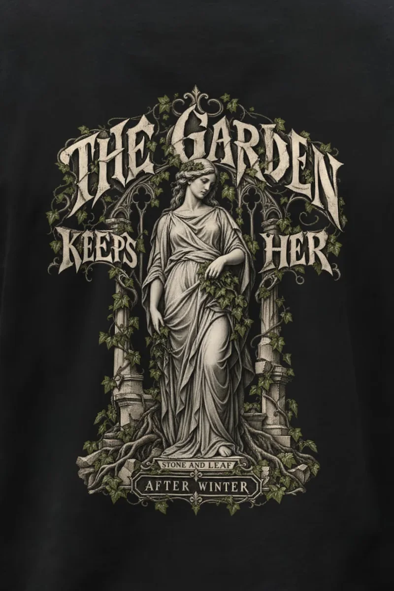 "The Garden Keeps Her" Unisex Longsleeve T-shirt - the graphic up close