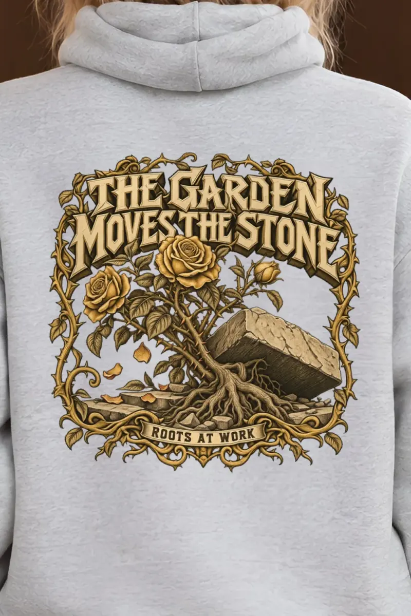 "The Garden Moves the Stone" Heavy Blend Unisex Pullover Hoodie - the graphic up close